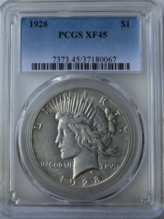 1928 Peace Dollar " Pcgs Xf45 " S/h After 1st Item