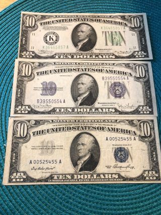 3 - $10 1934a 1934d 1953 Silver Certificates And Federal Reserve Notes