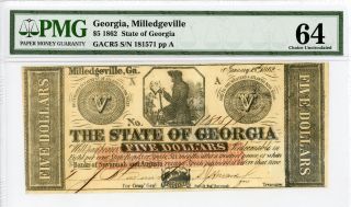 1862 $5 Five Dollar Bill State Of Georgia Note - Pmg Choice Uncirculated 64