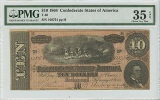 $10 1864 Confederate States Of America T - 68 Pmg 35 Ch Very Fine Epq