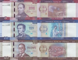Liberia 3 Note Set: 5,  10 & 20 Dollars (2016) - P31,  P32 And P31
