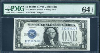 Fr.  1602 1928 - B $1 One Dollar Funnyback Silver Certificate Pmg Unc - 64epq
