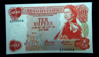 1967 British Mauritius Banknote 10 Rupees Unc Gem