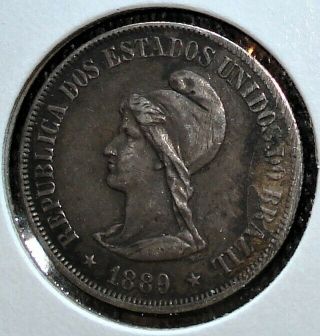1889 Silver Brazil 500 Reis Coin