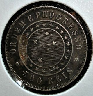 1889 Silver Brazil 500 Reis Coin 2