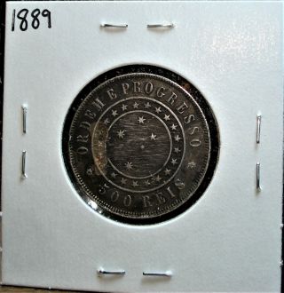 1889 Silver Brazil 500 Reis Coin 4