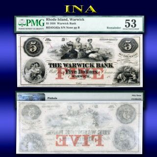 Rhode Island Warwick Bank $5 Obsolete Currency Note Pmg Au 53 Scarce