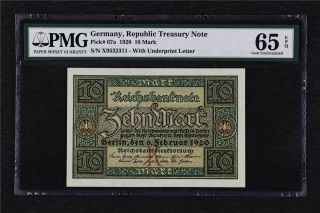 1920 Germany Republic Treasury Note 10 Mark Pick 67a Pmg 65 Epq Gem Unc