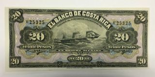 1899 Costa Rica 20 Pesos Banknote Pick S165r Choice Uncirculated