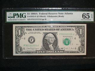 1988 A Atlanta $1 Dollar Pmg Gem Unc 65 Epq Federal Reserve Note $1 Bill