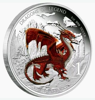 2012 Tuvalu " Dragons Of Legend Red Welsh " 1oz.  999 Proof Silver Coin - Box &