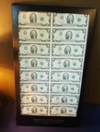 1995 $2 Us Banknote Uncut Sheet (2 X 8 Format) - 16 Bank Notes/$32 Total Atlanta