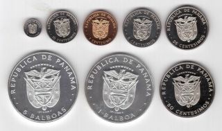 Panama - 8 Dif Proof Coins Set 1 Centisimo - 5 Balboa 1975 Year Silver