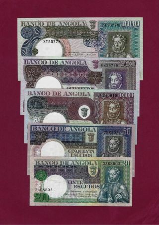 Portugal Angola Complete Set 20,  50,  100,  500,  1000 Escudos 1973 Vf - Unc