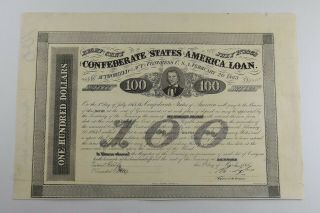Authentic - 1863 Confederate States - Civil War $100 Bond Certificate 634