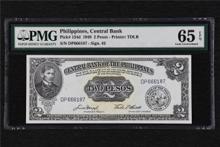 1949 Philippines Central Bank 2 Pesos Pick 134d Pmg 65 Epq Gem Unc