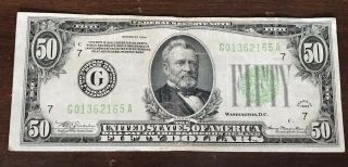 1934 $50 Bill Federal Reserve Note G01362165a Lime Seal