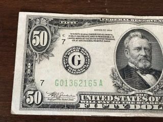 1934 $50 Bill Federal Reserve Note G01362165A Lime Seal 2