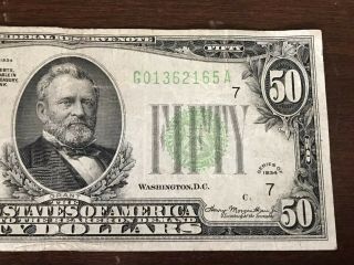 1934 $50 Bill Federal Reserve Note G01362165A Lime Seal 3