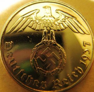 Old German 5 Reichspfennig 1937 Gold Colour Coin Third Reich Eagle Swastika Xxx