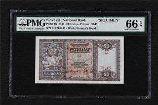 1940 Slovakia National Bank “specimen” 50 Korun Pick 9s Pmg 66 Epq Gem Unc