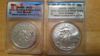 (2) 2010 Anacs Ms70 Silver American Eagle & Silver Olympics First Release