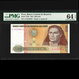 Banco Central De Reserva Del Peru 500 Intis 1987 Pmg 64 Choice Unc Epq P - 134b