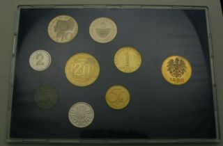 Austria 2 Groschen / 20 Schilling 1980 Proof Set - 8 Coins,  Medal