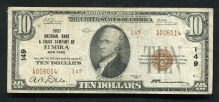 1929 $10 First National Bank & Trust Co.  Of Elmira,  Ny National Currency Ch 149