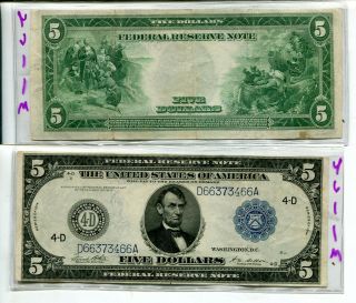 1914 $5 Abraham Lincoln Large Size Federal Reserve Note Vf