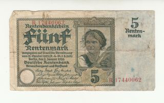 Germany 5 Rentenmark 1926 Heavily Circ.  @