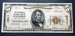 1929 $5 Commercial National Bank Of Spartanburg Sc 14211 Low Serial