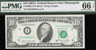 1981 - A $10 Minneapolis Fed Only 19,  200,  000 Issued Pmg 66 Epq L@@k Nr
