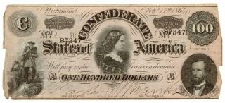 Type 65 1864 $100 Confederate States Of America Note Cir,  Csa [4101a.  07]