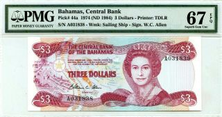 Bahamas 3 Dollars 1974 Nd 1984 Bahamas Central Bank Gem Unc Pick 44a Value $960