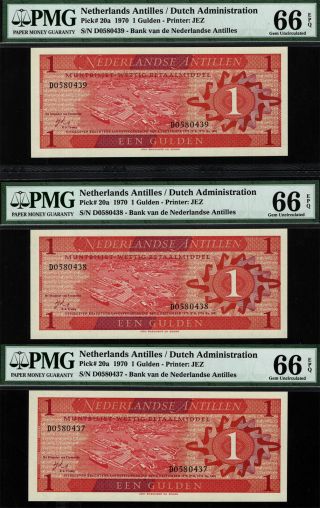 Tt Pk 20a 1970 Netherlands Antilles 1 Gulden Pmg 66 Epq Gem Seq Set Of Three