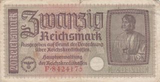 20 Reichsmark Fine Banknote From Nazi Occupied Territories 1940 Pick - R139
