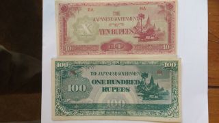 Burma 10 And 100 Rupee Japanese Invasion Money 1942 Occupational Currency Set