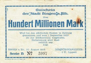100 Millionen Mark Very Fine Banknote From Germany/bingen 1923