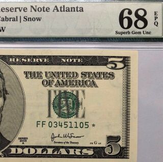2003a $5 Atlanta Star ⭐️ Frn,  Pmg Gem Uncirculated 68 Epq Banknote