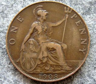 Great Britain King Edward Vii 1908 One Penny,  Bronze
