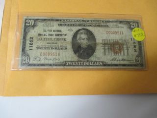 1929 $20 The City National Bank And Trust Company Of Battle Creek,  Mi