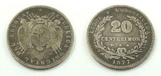 1877 Uruguay,  South America 20 Centesimos.  900 Silver Coin