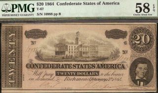 1864 $20 Dollar Confederate States Currency Note Civil War Money T - 67 Pmg 58