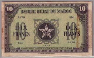 559 - 0180 Morocco | Ww Ii 1st Issue,  10 Francs,  1943,  Pick 25a,  Vf