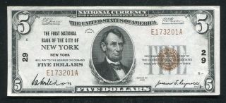 1929 $5 The First Nb Of The City Of York,  Ny National Currency Ch.  29 Au