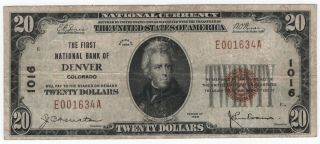 1929 T1 $20 First National Bank Denver Colorado National Banknote Circ Fine
