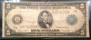1914 U.  S.  - $5 Five Dollar Federal Reserve Large Note - Horseblanket - Chicago