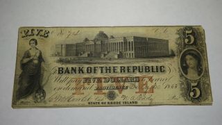 $5 1853 Providence Rhode Island Ri Obsolete Currency Bank Note Bill Republic