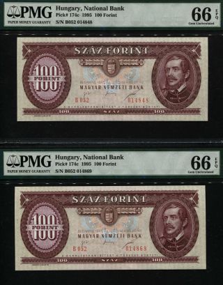 Tt Pk 174c 1995 Hungary - National Bank 100 Forint Pmg 66q Gem Unc Set Of Two